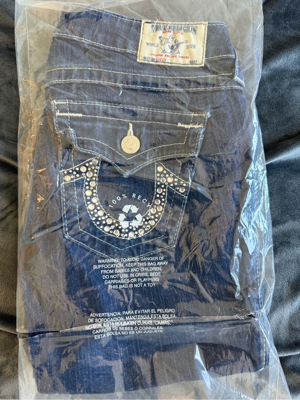 True Religion Women's Tall Dark Blue with Embellished Horseshoe Pocket New 29